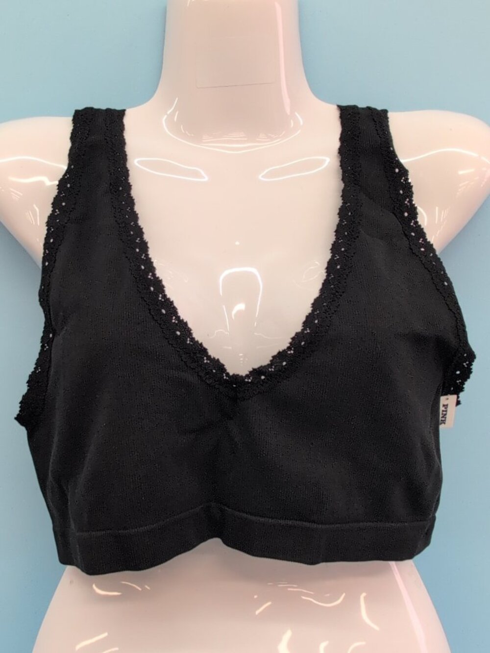 Victoria's Secret PINK Seamless Plunge Lace Trim Wireless Bralette Black XL